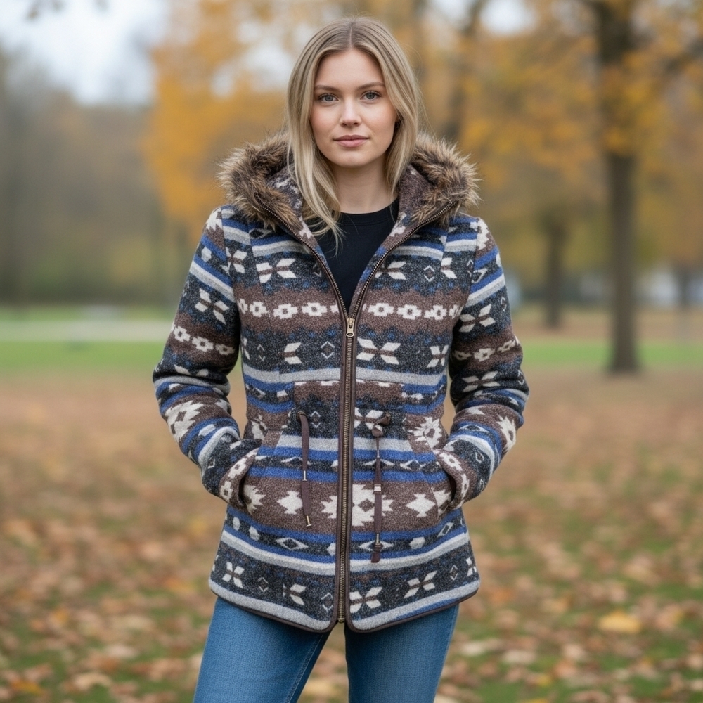 New Hydraulic Flannel Coat Jacket SM Aztec Southwestern Faux Fur Hooded